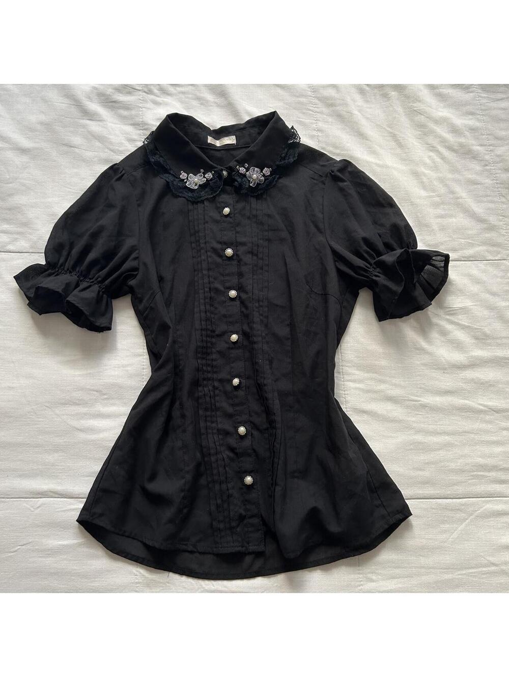 Axes Femme Black Pearl Rosette Lace Peter Pan Collar Blouse Medium Japan
